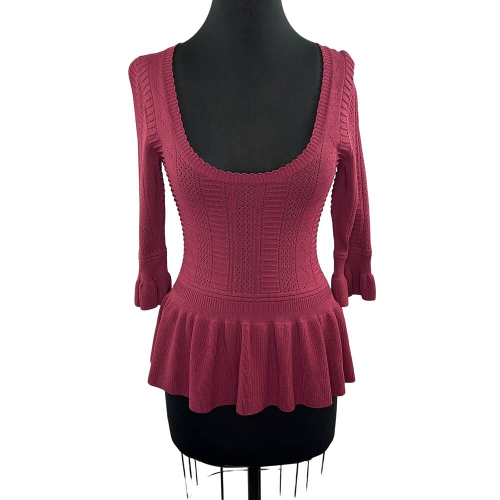 Torn Ronny Kobo Dark Pink Pointelle Knit Scoop Neck 3/4 Sleeve Peplum Top S NWOT